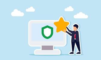 Businessman holding a star next to a monitor displaying a shield illustration of a reliable business application program with good quality vector