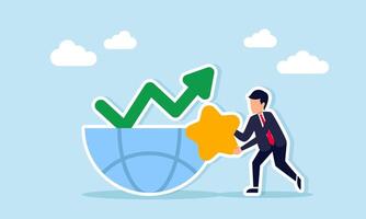 Businessman holding a star next to half a globe with a line chart illustration of the importance of good quality in increasing sales and market attention vector