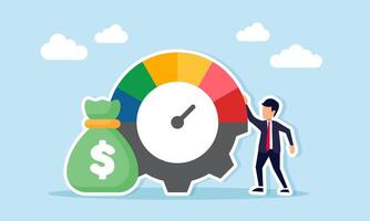 Businessman standing next to a money bag and gear level indicator illustration of monitoring financial performance of a business vector