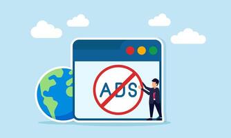 Businessman placing a stop sign in front of an app interface with a globe warning about global scam advertisements illustration vector
