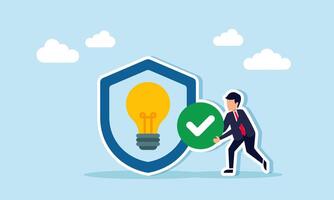 Businessman holding a checkmark next to a shield with a light bulb illustration of a proven successful business idea vector