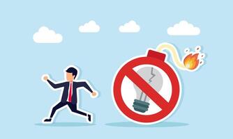 Businessman running away from a burning bomb with a cross sign on a broken lamp illustration of trapped by wrong business ideas causing big losses vector
