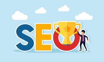 Businessman standing next to SEO text with a trophy illustration of applying keyword search engine optimization to maintain business consistency as a leading company vector