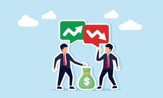 Two businessmen stand between sacks of money arguing with different opinions and a chat dialog showing upward and downward arrows illustration of business finance disagreement vector