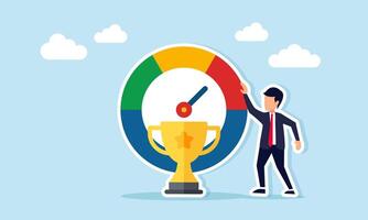 Businessman standing beside level indicator near trophy illustration of monitoring performance to maintain status as leading company vector