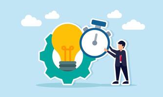 Businessman holding a stopwatch next to a gear with a light bulb illustration of schedule and timeline in applying a business idea vector