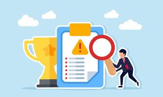 Businessman holding a magnifying glass examining a document with warning sign in front of a trophy illustration of observing and analyzing risks to maintain leading company status vector