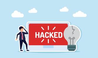 confused businessman next to broken light and laptop displaying hacked text illustration of business idea theft warning by rival company hacker vector