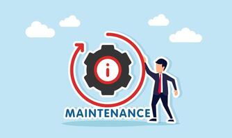 Businessman standing next to a gear with letter i and circular arrow showing maintenance, illustration of routine machine maintenance or business team performance improvement vector