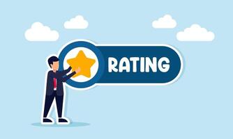 Businessman placing a star on a board labeled RATING illustration of verification of achievement and improving business quality vector