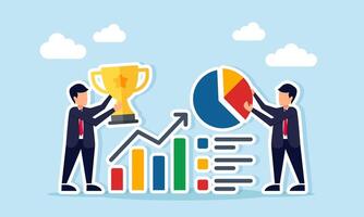 Two businessmen near graph one holding trophy the other holding pie chart illustration of collaboration or joint venture to become leading company in business sector vector