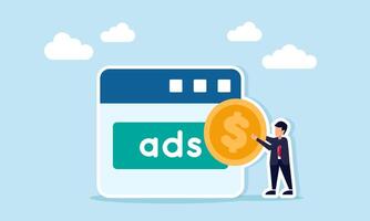 Businessman holding a dollar coin in front of an app interface displaying an ADS sign illustrating profit-taking from digital advertising business management vector