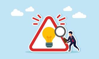 Businessman examining a sign with lights using magnifying glass illustration of monitoring the accuracy of business idea implementation vector