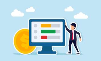 Businessman standing beside dollar coin and monitor showing progress bar illustration of monitoring business financial performance vector