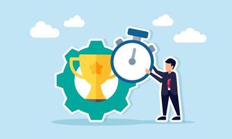 Businessman holding a stopwatch next to a gear with a trophy illustration of schedule improvisation in business work system to maintain position as leading company vector