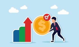 Businessman standing beside graph holding dollar coin with chart icon representing increased business spending vector