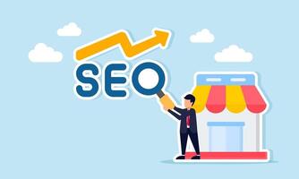 Businessman standing beside a store with magnifying glass as letter O illustration of increasing market sales graph due to keyword optimization vector
