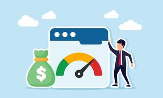 Businessman standing beside money bags and app interface showing level indicator illustration of monitoring business investment financial management standards vector