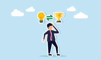 Businessman thinking with lightbulb icon exchange sign and trophy illustration of brainstorming ideas to design strategy to become a leading company vector