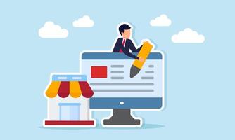 Businessman holding a pen emerging from behind a monitor next to a store illustration of designing a website landing page for business vector
