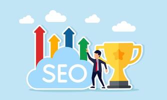 Businessman standing between trophy and cloud labeled SEO with upward arrow illustration of keyword optimization on search engine to become a leading company vector