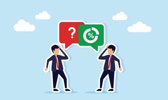Two businessmen confused with chat dialog showing question mark and pie chart illustration of questioning classification of business profit dividend distribution vector