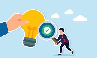 Businessman holding magnifying glass with checkmark label observing hand holding lamp illustration of validation and verification of business ideas vector