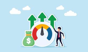 Businessman standing next to money sack and level indicator with rising arrow illustration of monitoring business financial performance vector