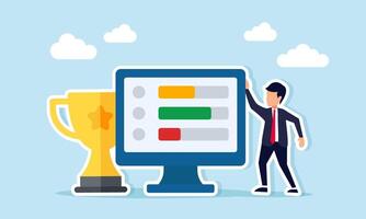 Businessman standing beside trophy and monitor showing progress bar illustration of monitoring business performance as leading company vector