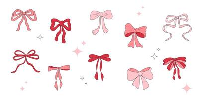 A collection of pink and red hand-drawn bow illustrations in a minimalistic style. Bowknot for decoration, big set of pinky bowtie. Large retro hand drawn ribbon illustration set. illustration vector