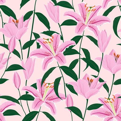 Hand drawn beautiful lily floral seamless pattern on pastel pink background