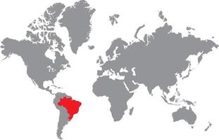 Illustration of Brazil map highlighted in red color on grey world map on white background vector