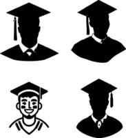 A male student wearing a graduation cap and gown, a icon in black on a white background, vector
