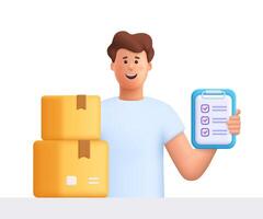 Young smiling man James with cardboard package box and holding clipboard with checklist. Safe delivery of goods concept. 3d people character. Cartoon minimal style. vector
