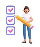 Young smiling woman Jane and doing checklist with pencil. Deadline, planning and organization of work project, business tasks concept. 3d people character. Cartoon minimal style. vector