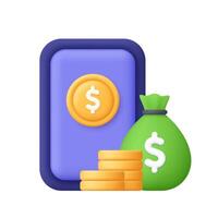 Smartphone with coin, coin stack and money bag. Mobile banking, digital payment, finance concept .3d icon. Cartoon minimal style. vector