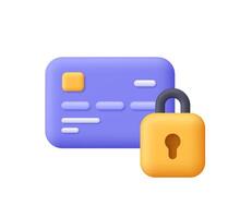 Credit card and padlock. Secure money payment, financial service security concept. 3d icon. Cartoon minimal style. vector