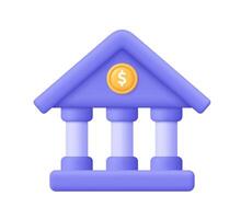 Bank building with columns and coin. Online banking, finance, bank transactions, bank service. 3d icon. Cartoon minimal style. vector