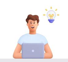 Young smiling man James working on the laptop computer and having a idea. Freelance job, creativity innovation and business idea concept. 3d people character. Cartoon minimal style. vector