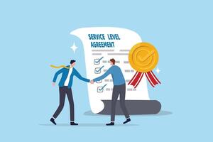 SLA service level agreement, commitment or support contract for uptime, availability or resolution for service problem, guarantee concept, businessman handshake with SLA checklist contract agreement. vector