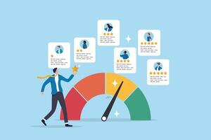 Performance review, employee evaluation rating assessment, star feedback for candidate, quality scale or appraisal comparison concept, businessman review employee performance with gauge and star. vector