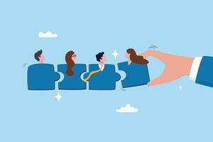 Teamwork connection, jigsaw puzzle to complete team success, coworker, team member or colleague to help and support team unity, businessman hand connect jigsaw piece to complete teamwork partnership. vector