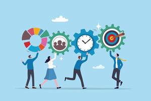 Optimization, improvement or strategy to improve result to increase efficiency or productivity to reach goal or target success, business people connect cogwheel gear to optimize result to reach goal. vector