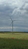A solitary wind turbine stands tall in a vast field, symbolizing renewable energy, sustainability, and eco friendly technology video