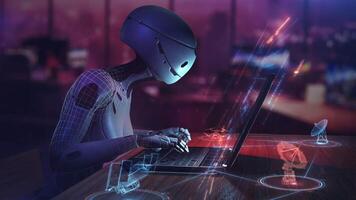 Robot working on laptop with hologram data video