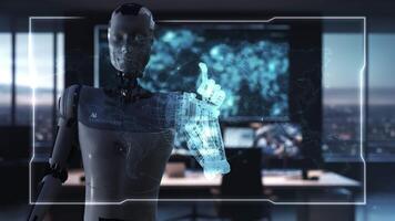 A futuristic AI-powered robot interacts with a holographic virtual display video