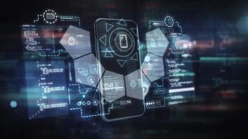 A complex holographic display in front of a smartphone screen video