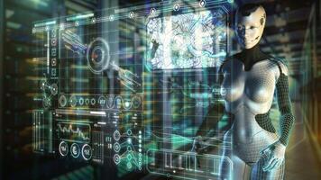 A humanoid robot operates a futuristic interface with geographic data video