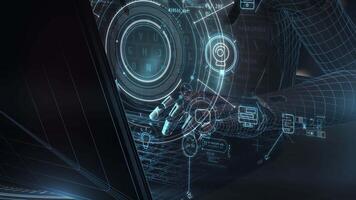 Programmer using laptop with holographic user interface and futuristic keyboard video