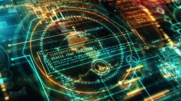 Futuristic global digital display showing programming code and data analysis video